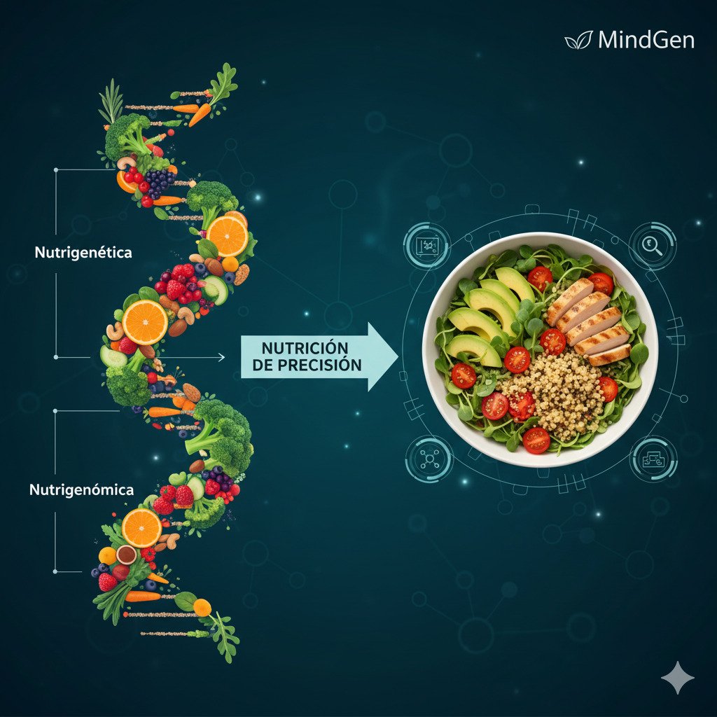 Una doble hélice de ADN entrelazada con frutas, verduras y alimentos saludables.