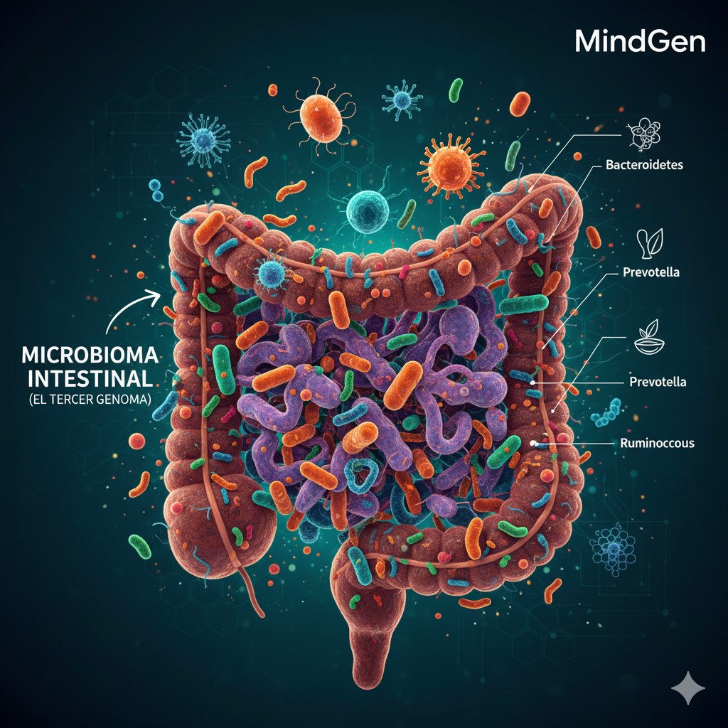 Ilustración artística del microbioma intestinal, mostrando una gran diversidad de bacterias.