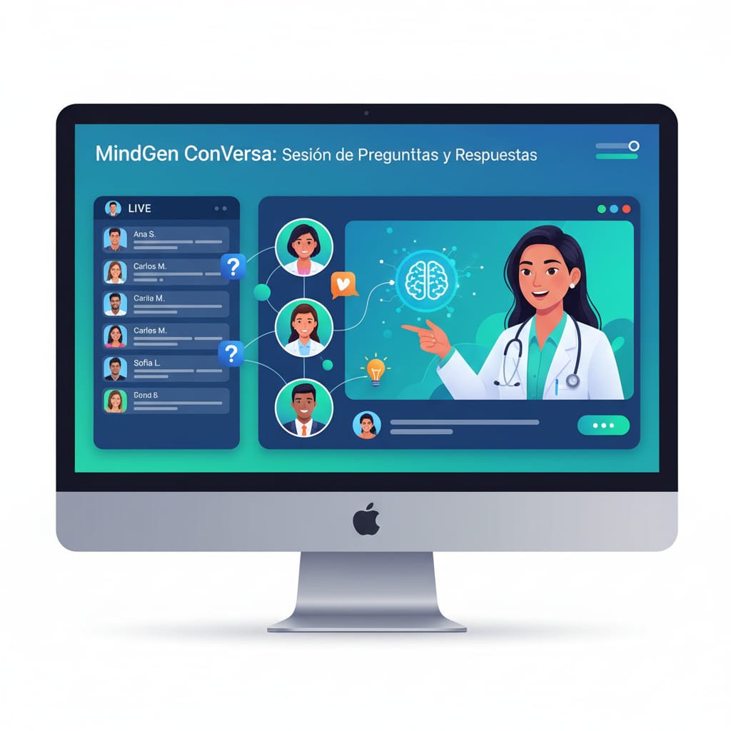 Grupo de personas interactuando activamente en un chat de un webinar de salud, con iconos de preguntas y respuestas.