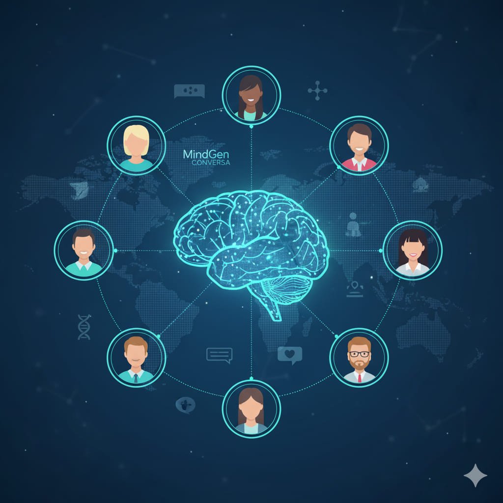 Un grupo diverso de personas conectadas digitalmente por un diagrama cerebral que simboliza el bienestar y la comunidad online.