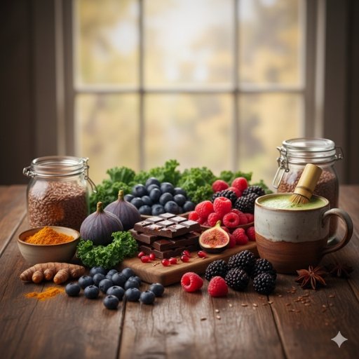 Frutos rojos, una onza de chocolate negro puro y una taza de té matcha, ricos en polifenoles.