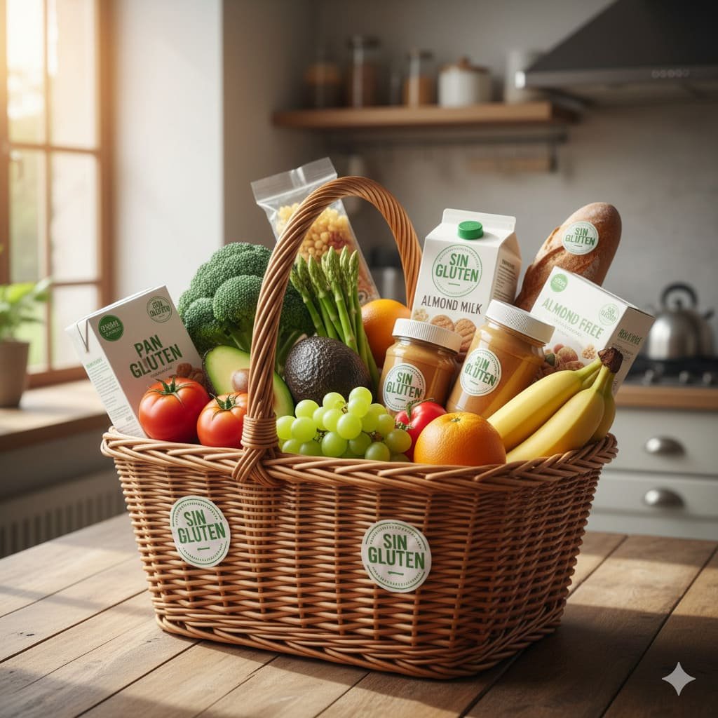Cesta de mimbre llena de alimentos frescos y productos etiquetados 'Sin Gluten', incluyendo pan, leche de almendras, pasta, verduras, frutas y mantequilla de cacahuete, en una cocina soleada.