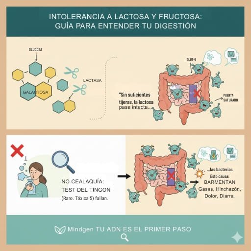 Una guía visual para entender de forma sencilla qué ocurre en tu intestino con la lactosa y la fructosa.