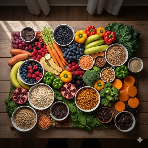 Un plato lleno de verduras, frutas y legumbres de todos los colores, representando la diversidad alimentaria.