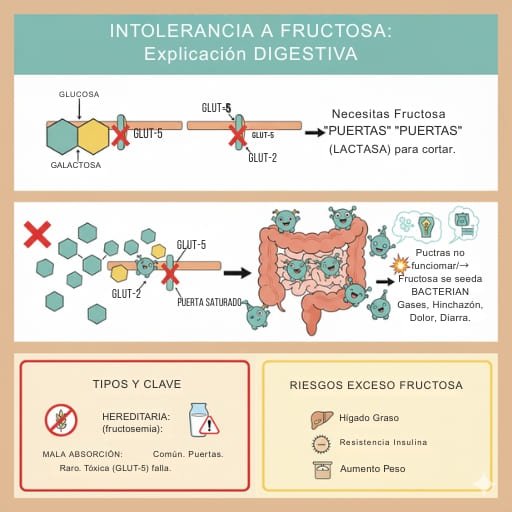 Frutas variadas, miel y refrescos, fuentes comunes de fructosa en la dieta.