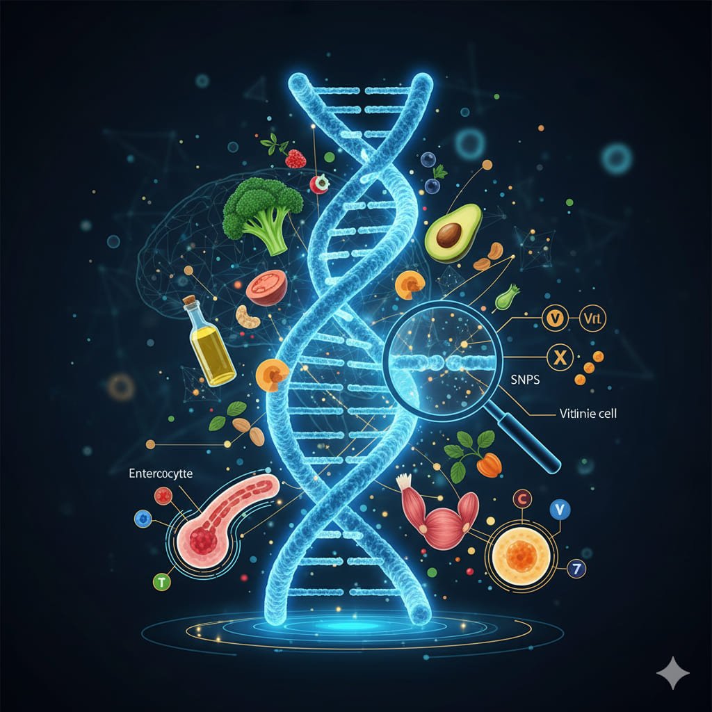 Diagrama ilustrativo de una cadena de ADN con diversos alimentos flotando alrededor y elementos celulares, mostrando la interacción gen-alimento.