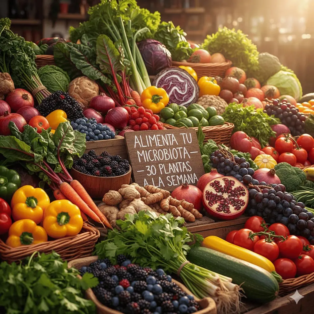 Variedad de frutas y verduras de colores en un mercado