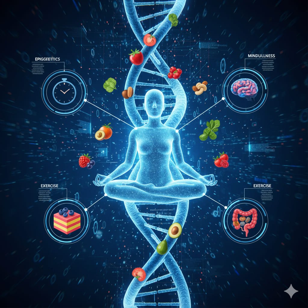 Ilustración de una persona meditando flotando sobre una cadena de ADN, rodeada de elementos que representan alimentos, ejercicio y mindfulness, conectando la genética con el estilo de vida.