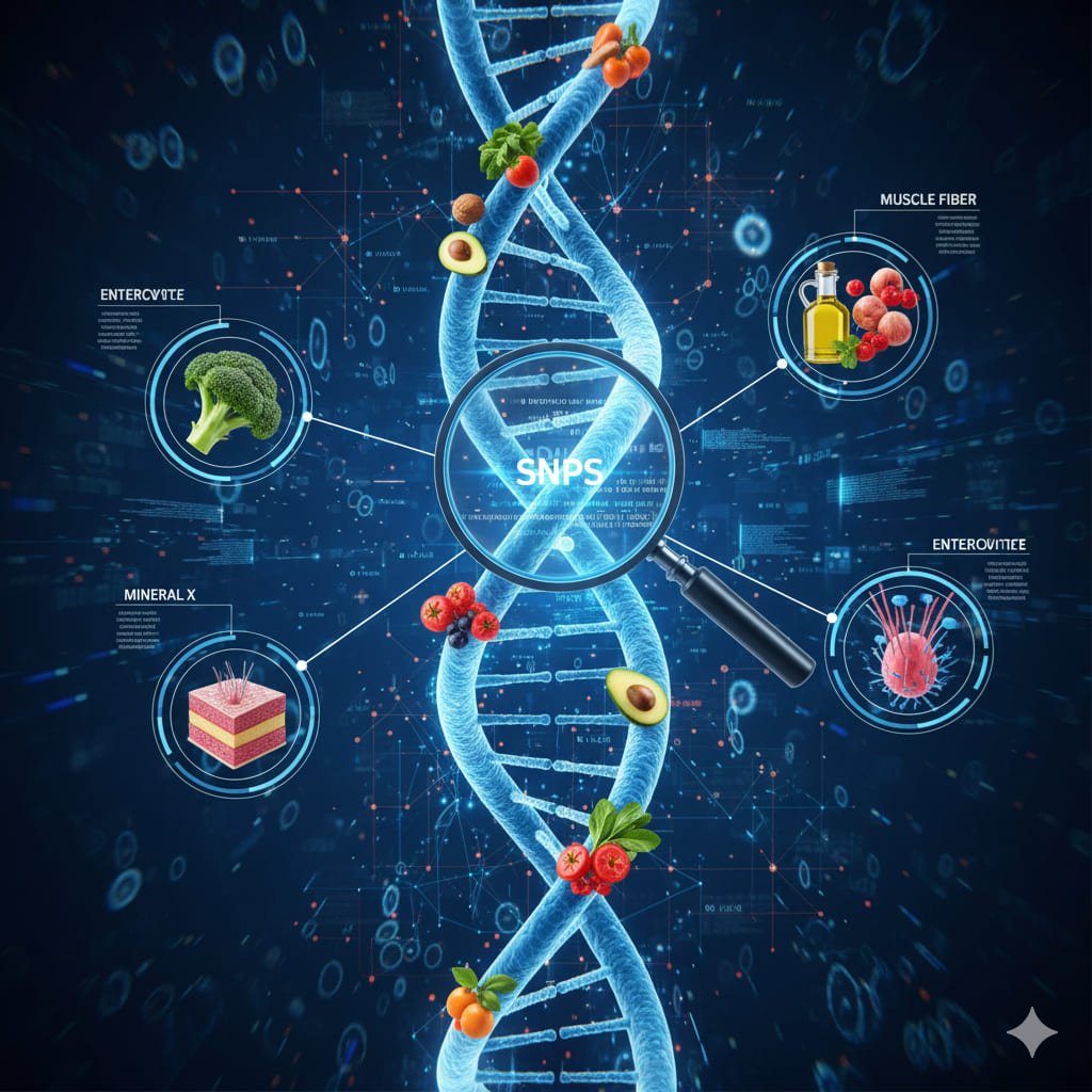 Diagrama de un microscopio analizando un mapa genético con alimentos y un intestino estilizado, ilustrando la guía dietética genómica.