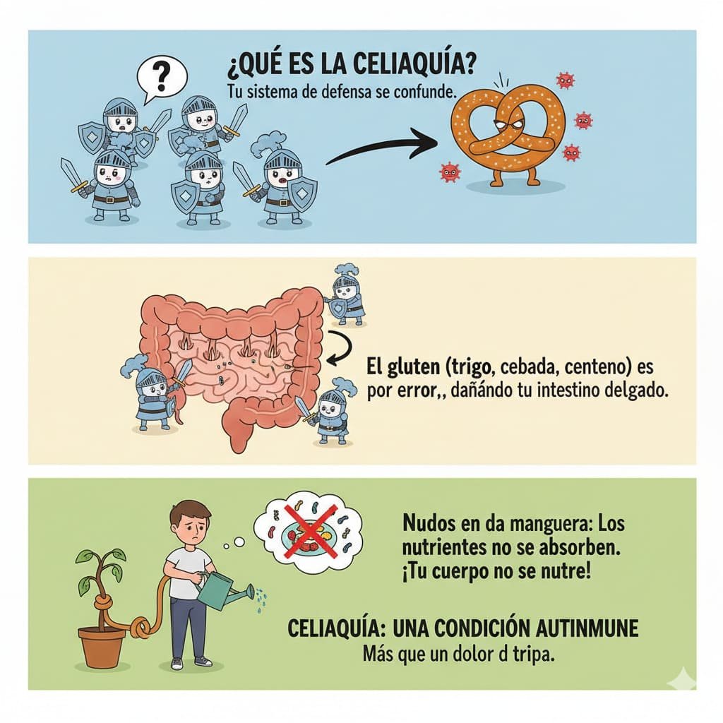 Infografía que explica de forma visual y sencilla qué es la celiaquía: desde la confusión del sistema inmune hasta el daño intestinal y la malabsorción de nutrientes.