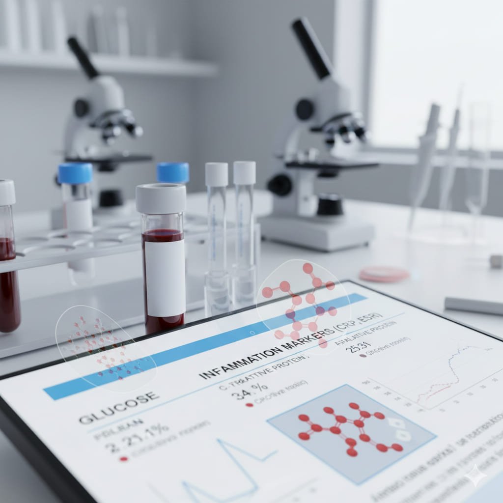 Muestra de análisis sanguíneo enfocada en glucosa e inflamación