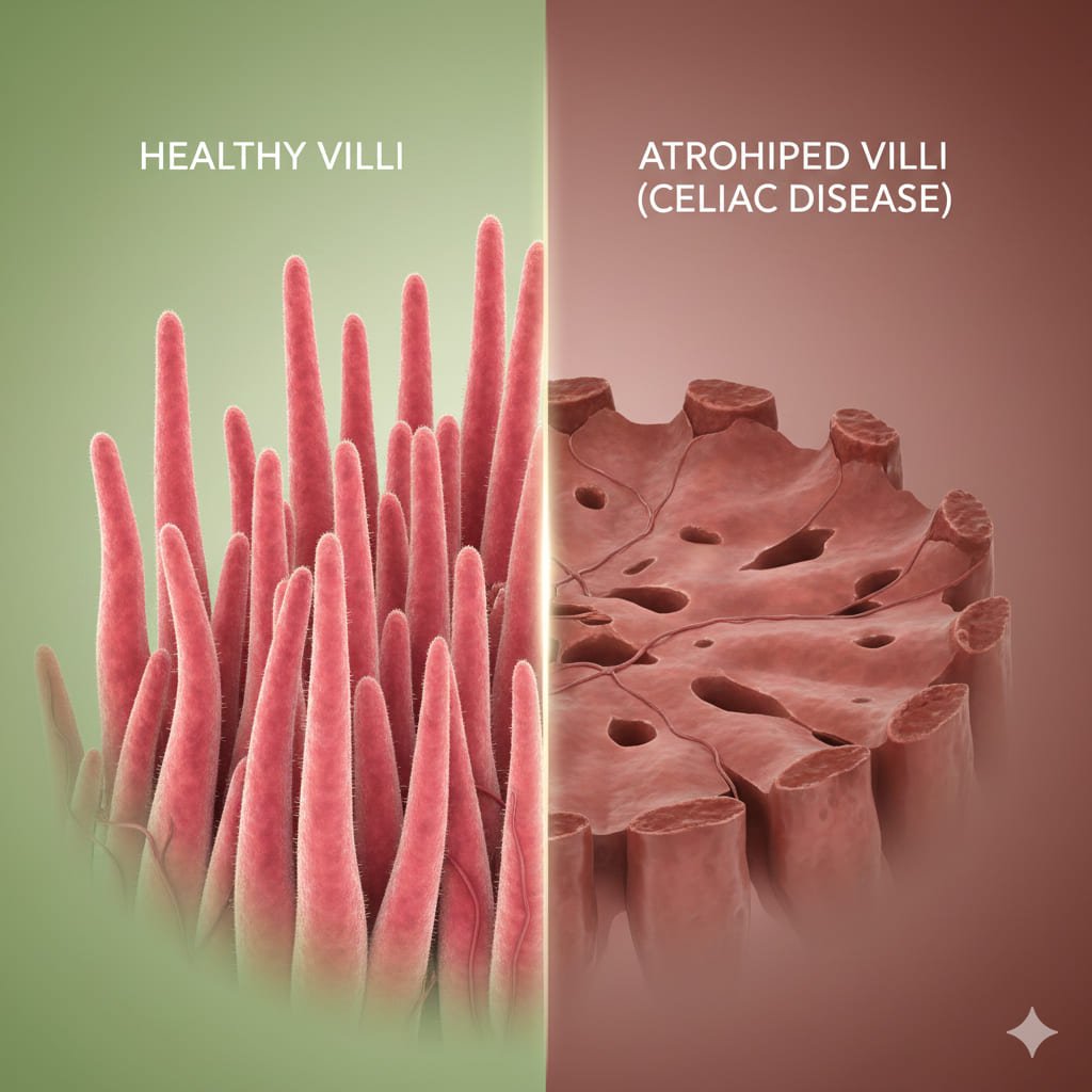 Comparación de vellosidades intestinales sanas vs atrofia por celiaquía