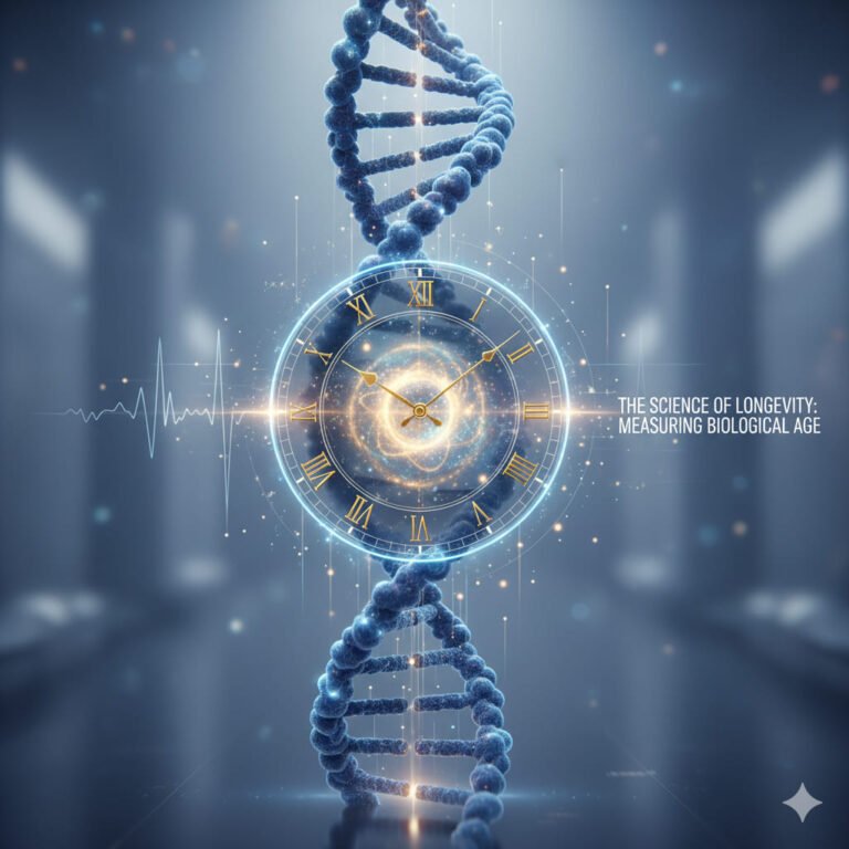 Concepto artístico que fusiona un reloj antiguo con una cadena de ADN brillante, representando la relación entre el tiempo, la genética y la edad biológica en la longevidad.