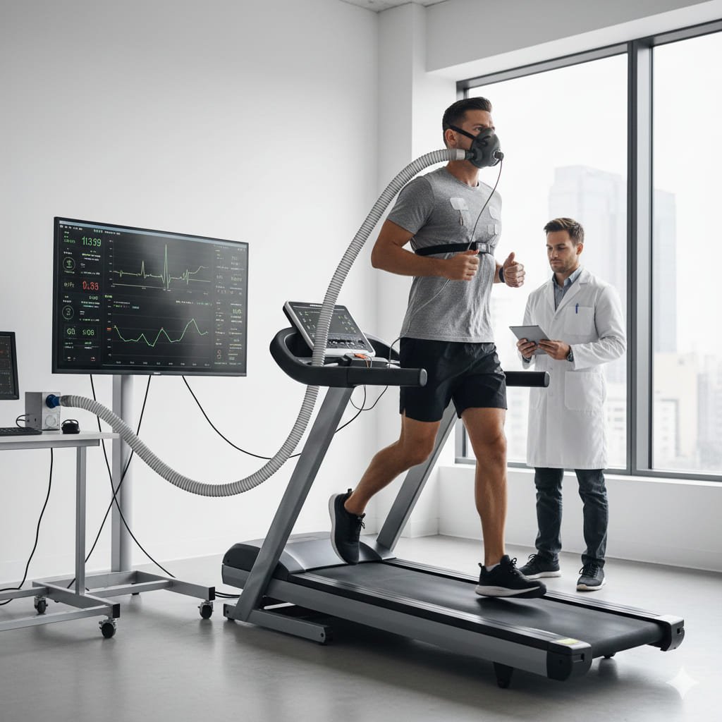 Persona realizando una prueba de esfuerzo para medir su capacidad cardiovascular