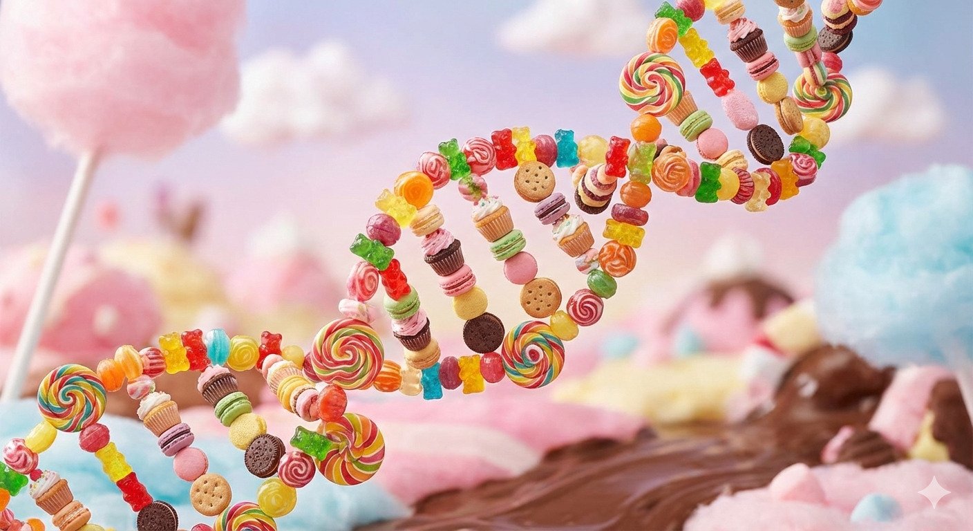 Doble hélice de ADN y alimentos dulces