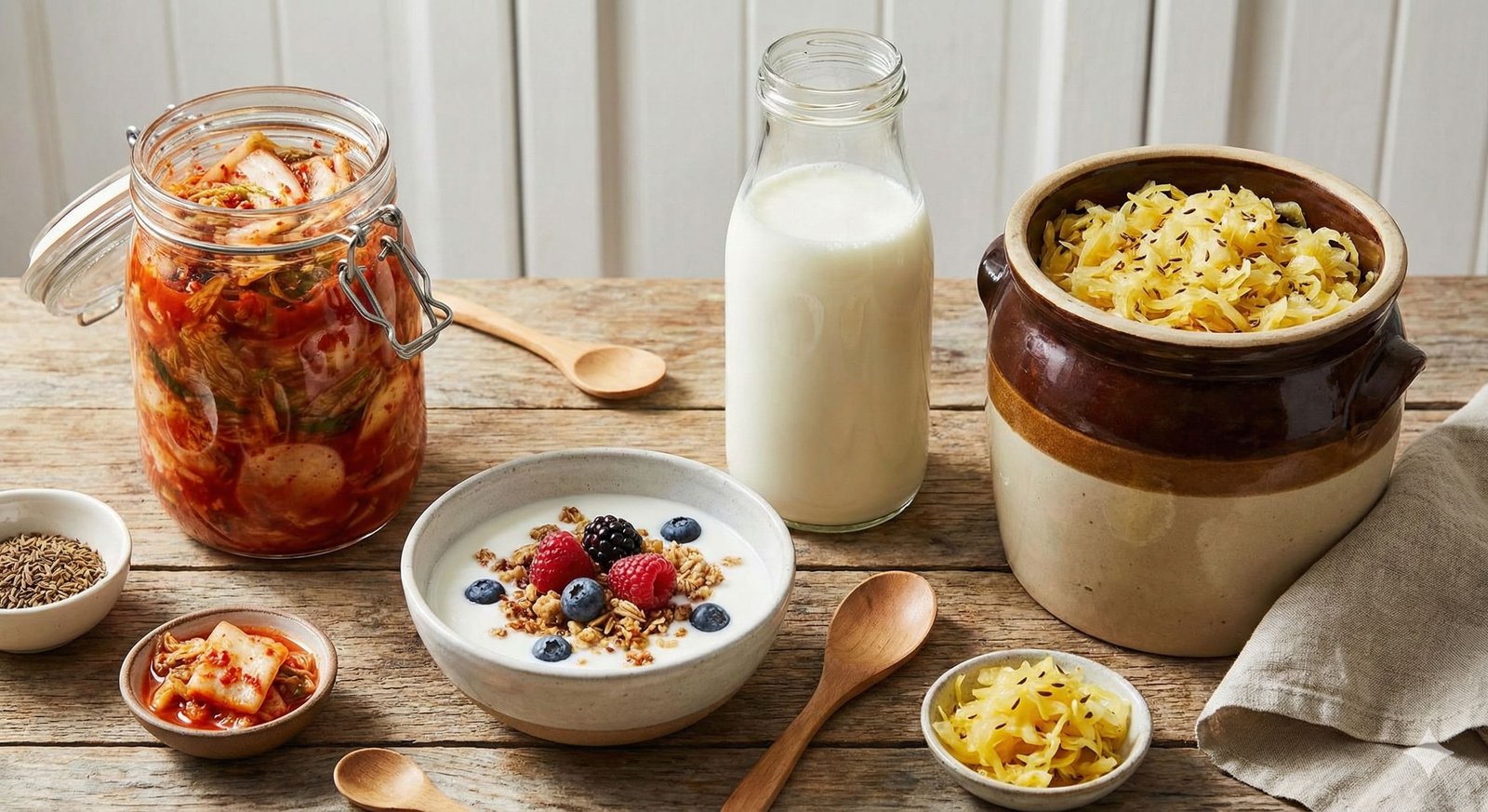 Selección de alimentos fermentados: kimchi, kéfir y chucrut