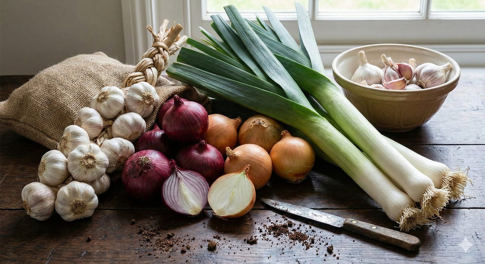 Bodegón de alimentos ricos en inulina: ajo, cebolla y puerro