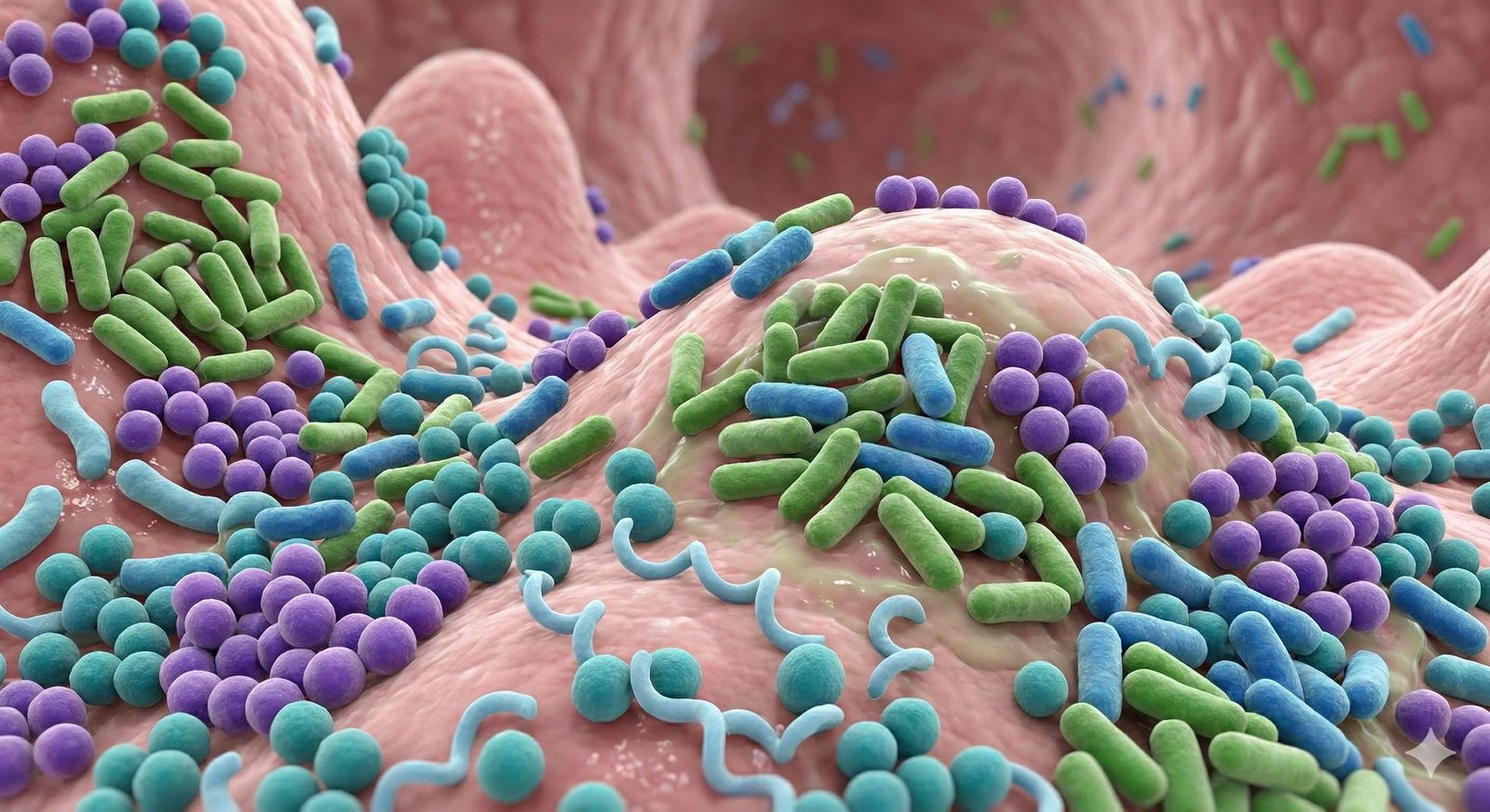 Ilustración 3D de colonias de bacterias probióticas en el intestino