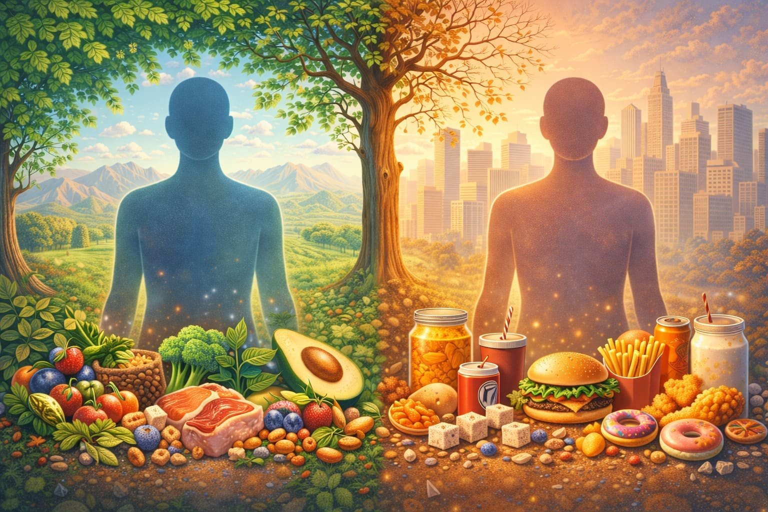 Ilustración comparativa entre alimentación ancestral y moderna