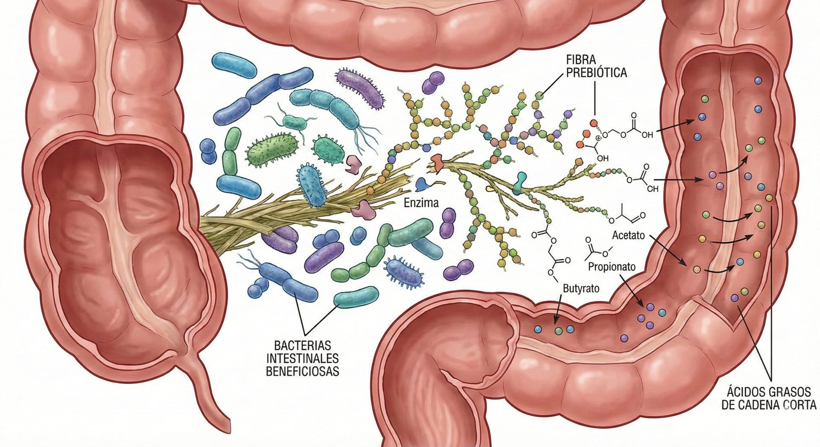 Ilustración de bacterias intestinales alimentándose de fibra prebiótica