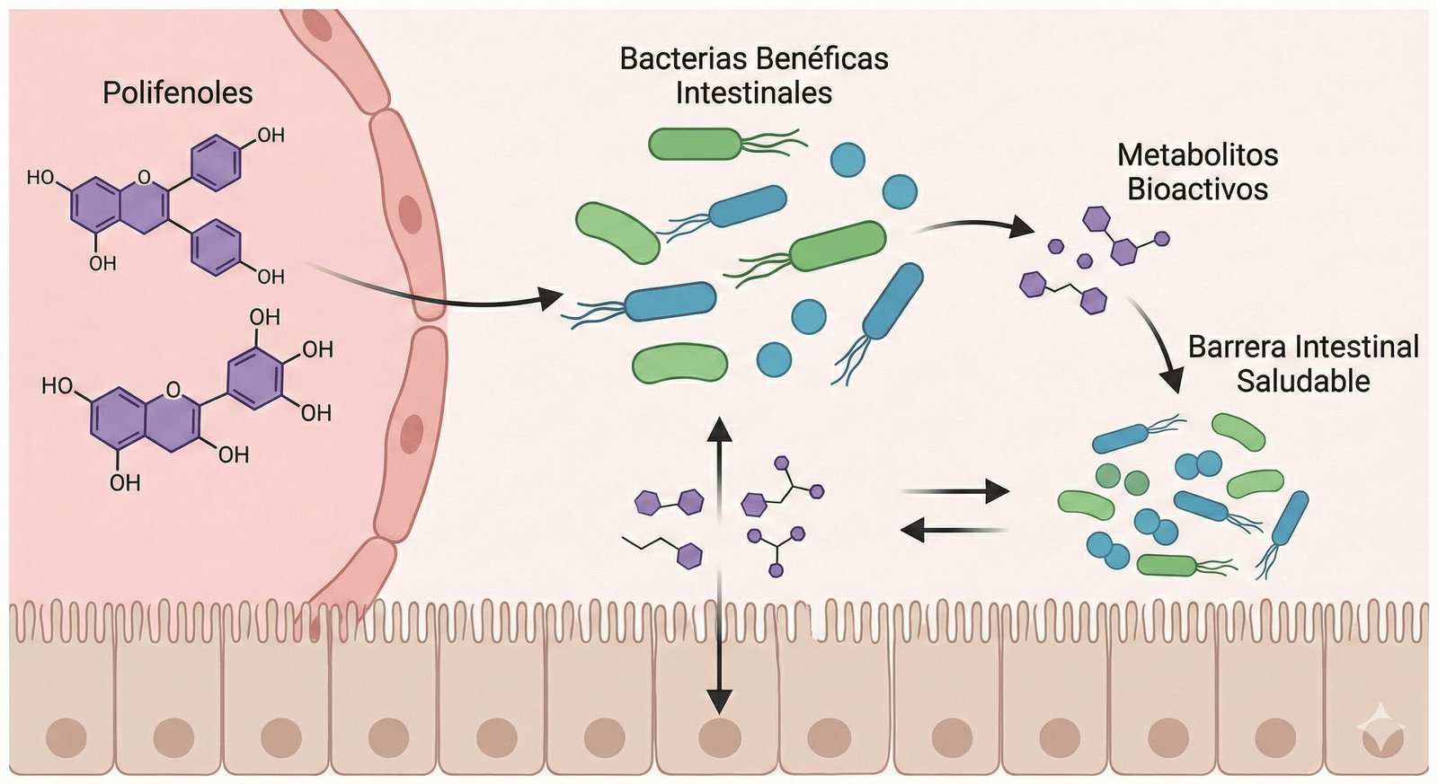 Relación simbiótica entre polifenoles y bacterias intestinales benéficas