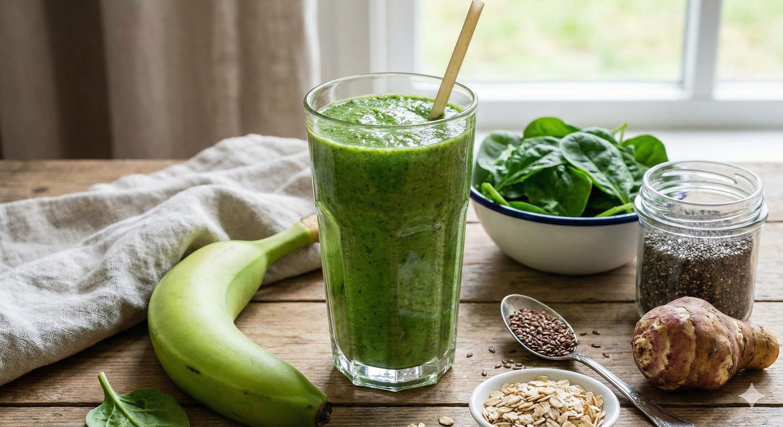 Smoothie verde con ingredientes prebióticos