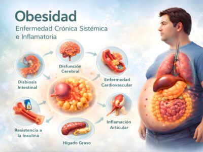 Obesidad como enfermedad crónica sistémica e inflamatoria Infografía médica de obesidad como enfermedad crónica sistémica e inflamatoria con impacto metabólico y hormonal