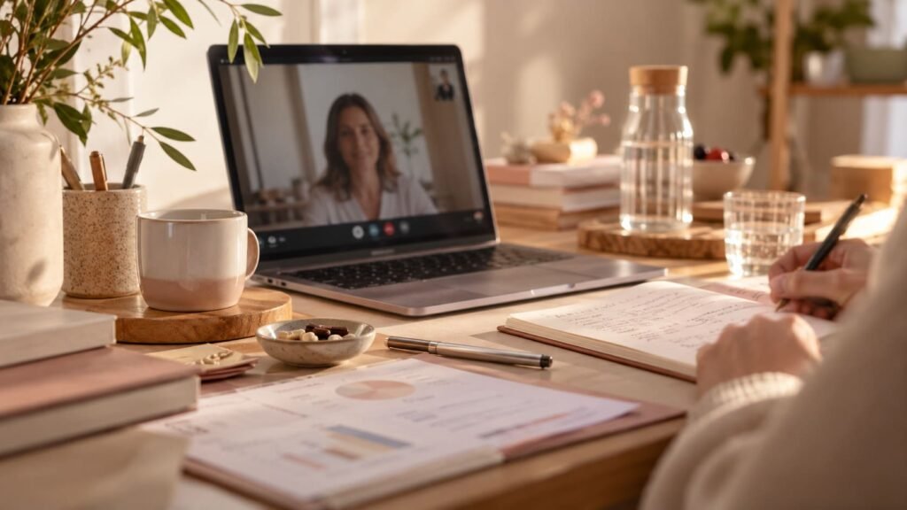 Consulta de medicina integrativa online por videollamada, con revisión de informes médicos y atención personalizada.