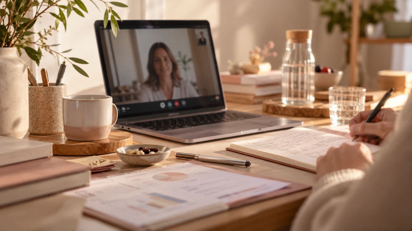 Consulta de medicina integrativa online por videollamada, con revisión de informes médicos y atención personalizada.