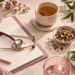 Medicina integrativa representada mediante un estetoscopio, alimentación saludable y elementos naturales.
