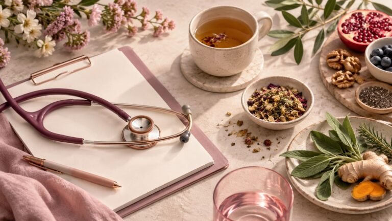 Medicina integrativa representada mediante un estetoscopio, alimentación saludable y elementos naturales.