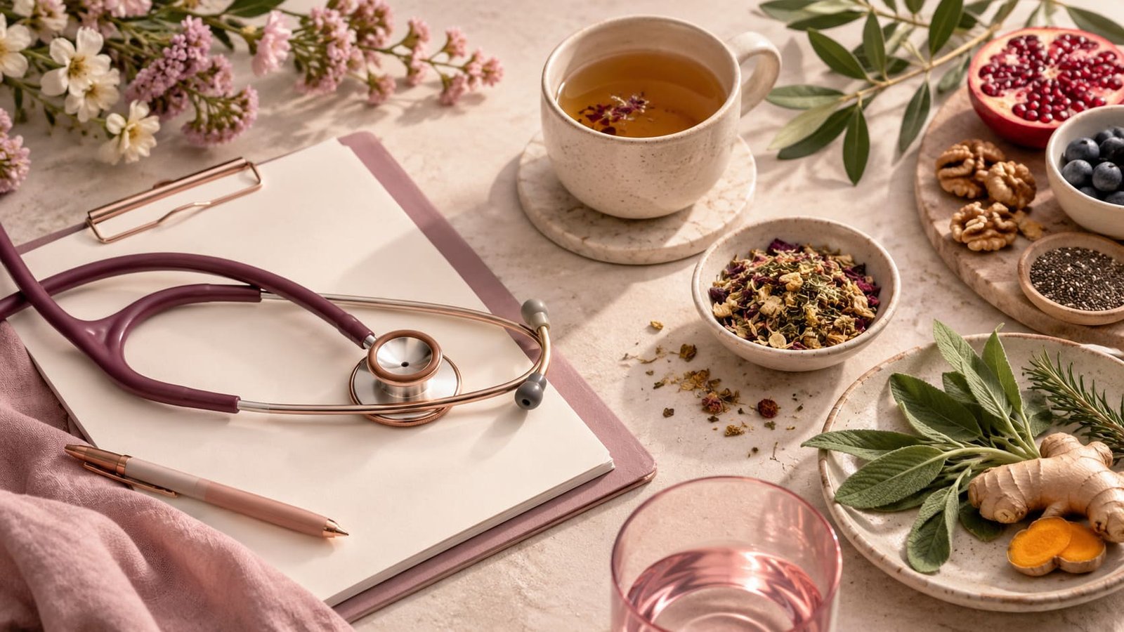Medicina integrativa representada mediante un estetoscopio, alimentación saludable y elementos naturales.