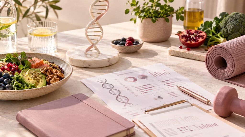 Medicina integrativa personalizada representada mediante genética, analíticas médicas, alimentación saludable y ejercicio físico.