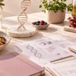 Medicina integrativa personalizada representada mediante genética, analíticas médicas, alimentación saludable y ejercicio físico.